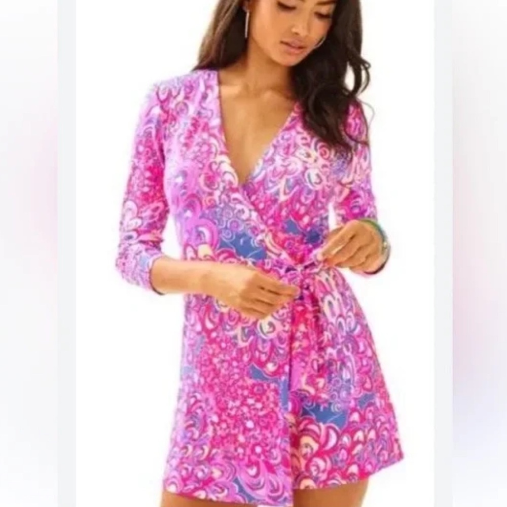 Lilly Pulitzer Karlie Wrap Romper in Iris Blue Pop Up Lilly’s Lagoon